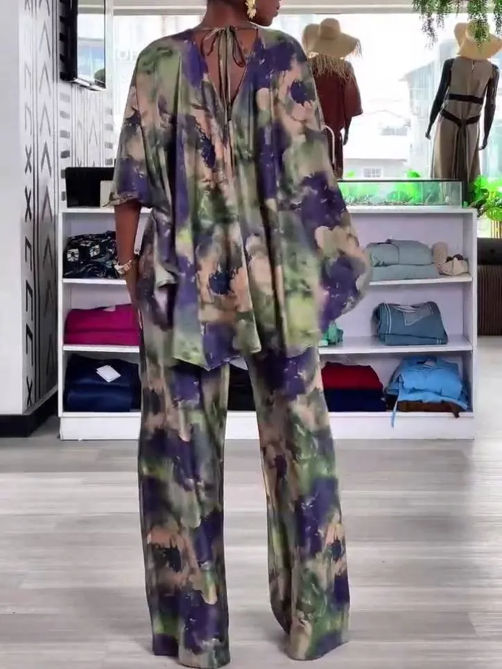 Printed Lace-up Shirt And Wide Leg Pants Suit-Pants