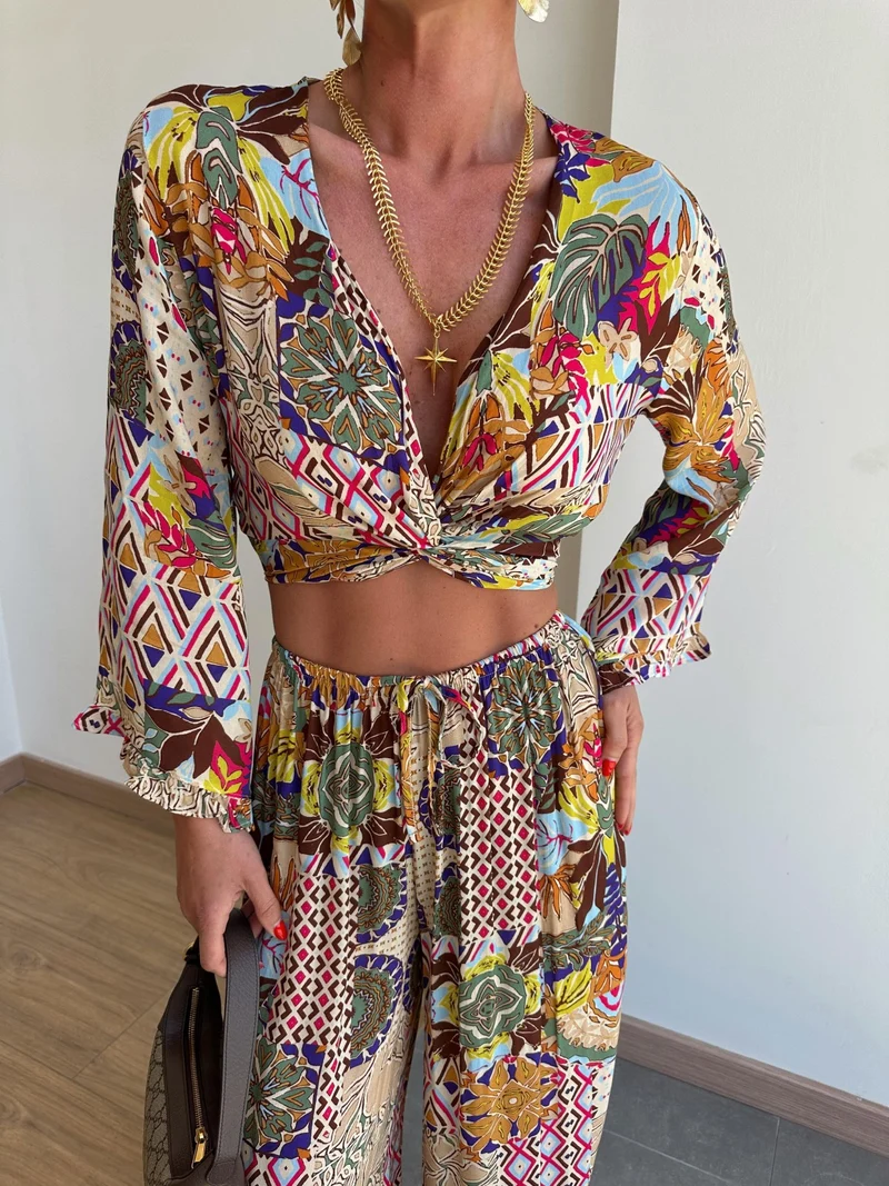 Retro Plant Print Short Shirt