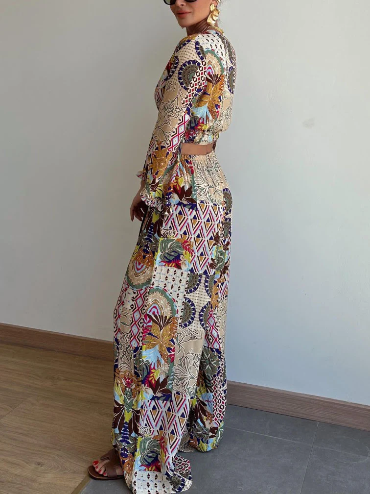 Retro Plant Print Short Wide-leg Pants