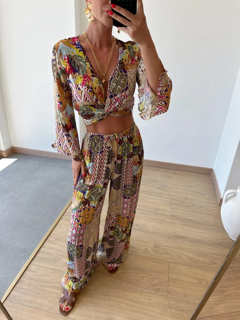 Retro Plant Print Short Wide-leg Pants