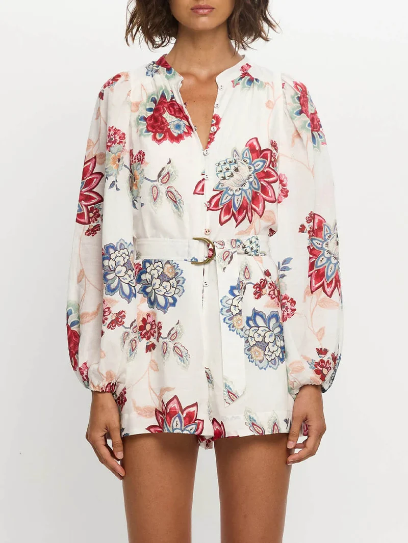 Elegant Floral Print Lace-Up Linen Jumpsuit