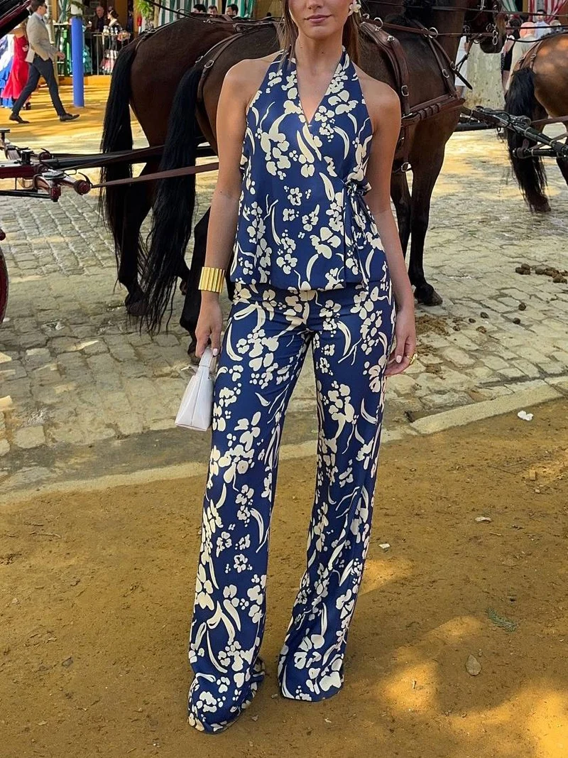 Printed Lace-Up Vest And Pants Suit-Vest