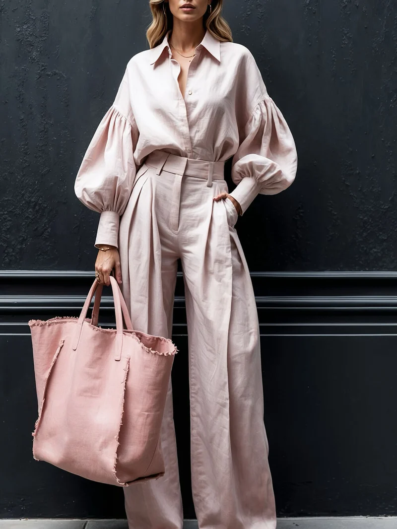 Fashionable Casual Solid Color Lantern Sleeve Loose Button-Down Oversized Shirt