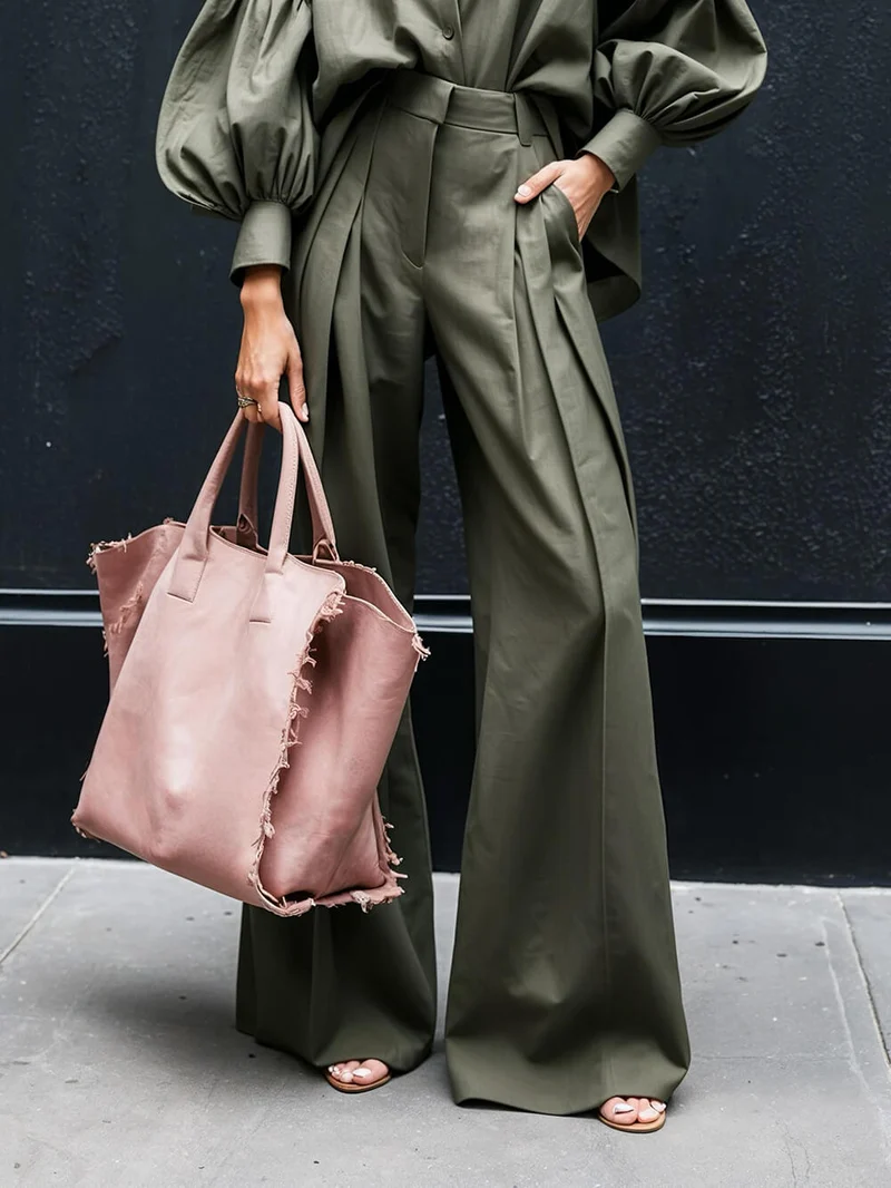 Fashionable Casual Solid Color Unique Pleated Pocket High Waist Wide Leg Pants