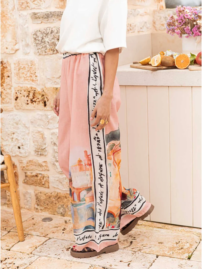 Unique Casual Printed Elastic Waist Wide Leg Pants
