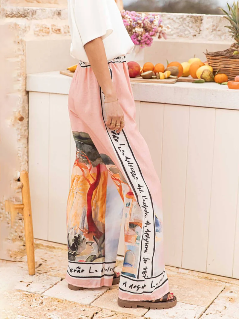 Unique Casual Printed Elastic Waist Wide Leg Pants