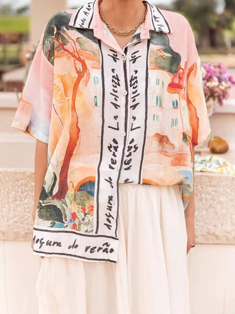 Unique Casual Print Lapel Short Sleeve Button-Down Oversized Shirt