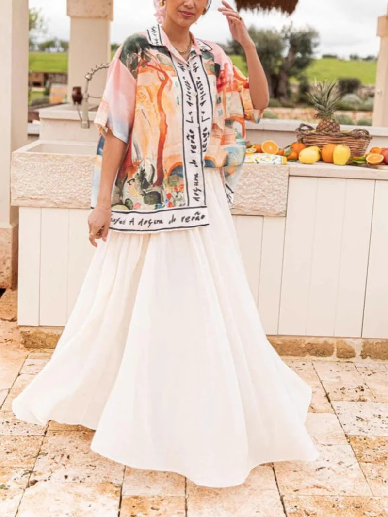 Unique Casual Print Lapel Short Sleeve Button-Down Oversized Shirt