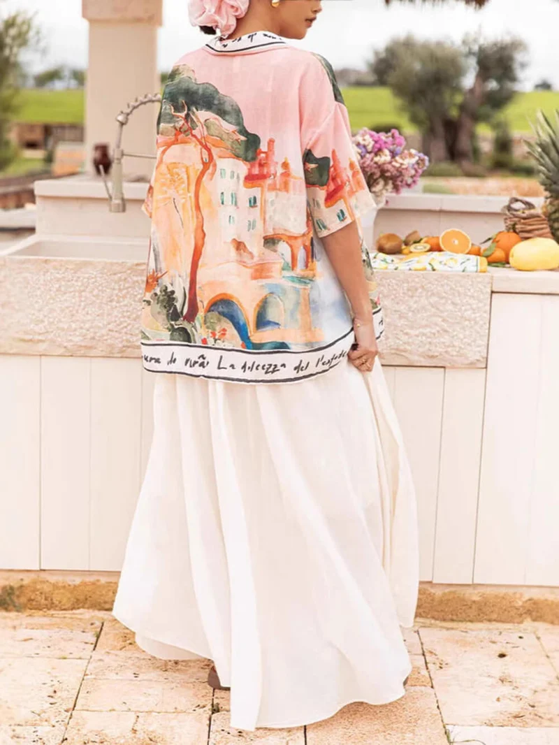 Unique Casual Print Lapel Short Sleeve Button-Down Oversized Shirt
