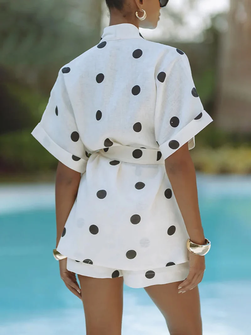Playful Linen Polka Dot Prints Tie-up Kimono Top and Elastic Waist Pocket Shorts Set