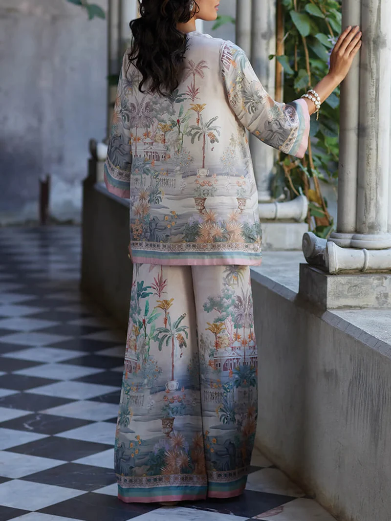 Playful Elegance Digital Print Loose Elastic Waist Wide Leg Pants