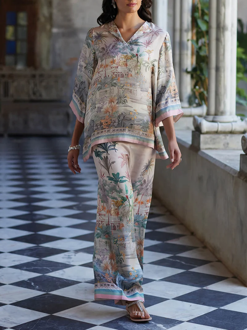 Playful And Elegant Digital Print Flared Sleeve Loose Oversized Shirt