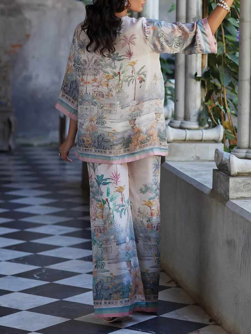 Playful And Elegant Digital Print Flared Sleeve Loose Oversized Shirt