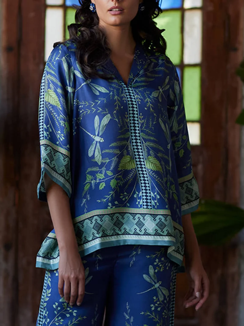 Ocean Elegance Botanical Print Loose Shirt