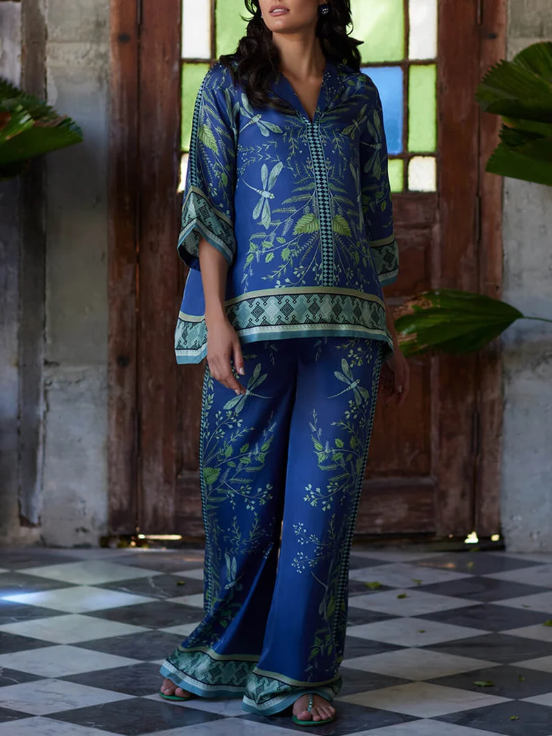 Ocean Elegance Botanical Print Loose Shirt