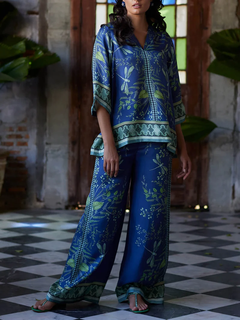 Ocean Elegance Botanical Print Loose Shirt