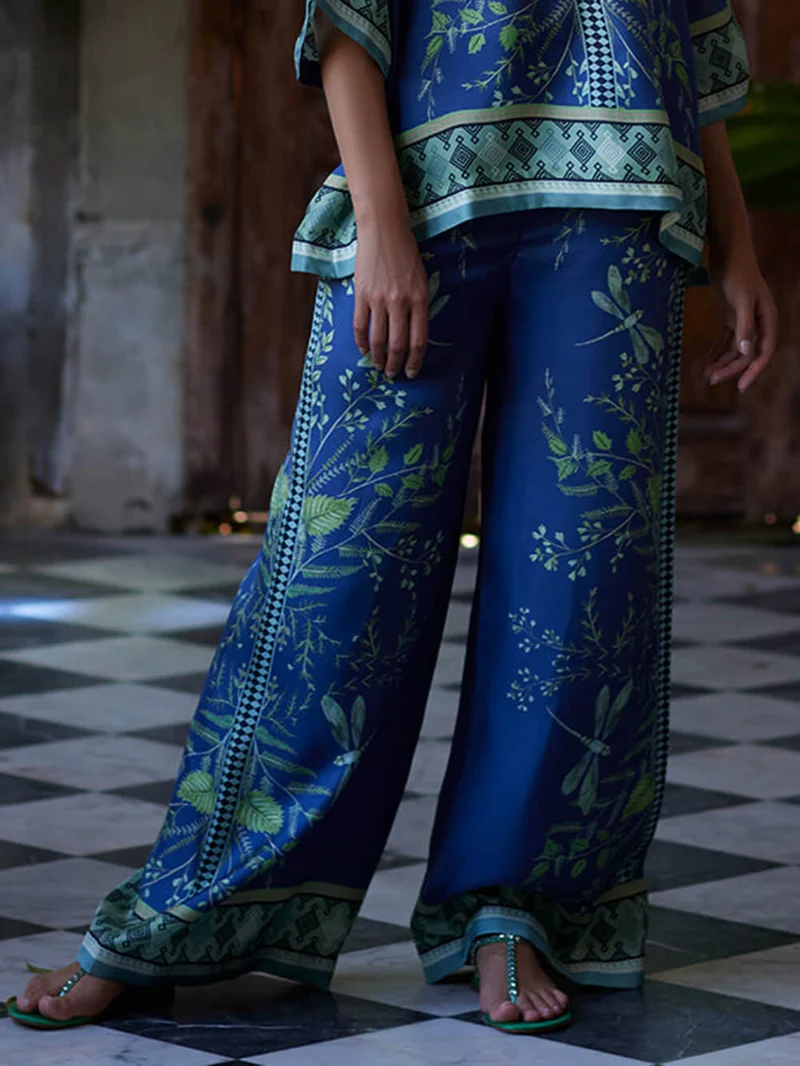 Ocean Elegance Botanical Print Elastic Waist Loose Wide Leg Pants