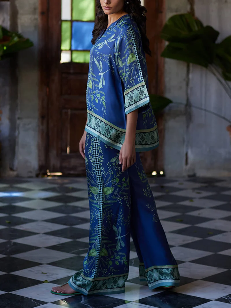 Ocean Elegance Botanical Print Elastic Waist Loose Wide Leg Pants
