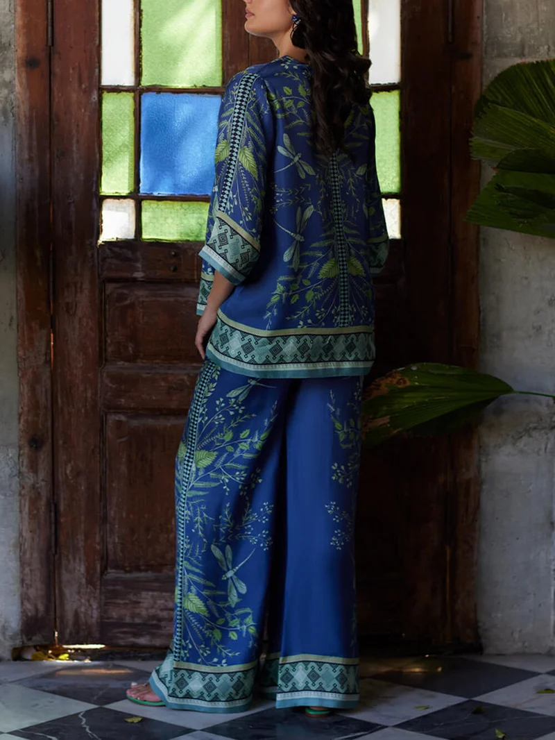 Ocean Elegance Botanical Print Elastic Waist Loose Wide Leg Pants