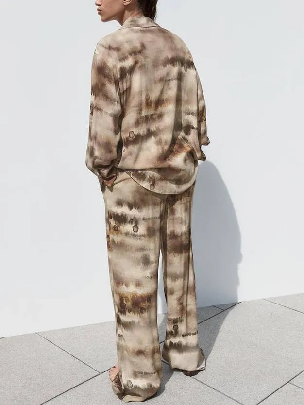 Unique Print Shirt And Wide Leg Pants Suit-Shirt