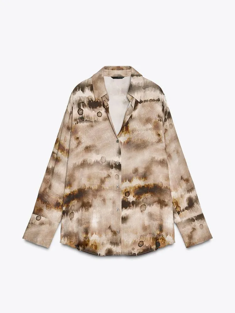 Unique Print Shirt And Wide Leg Pants Suit-Shirt
