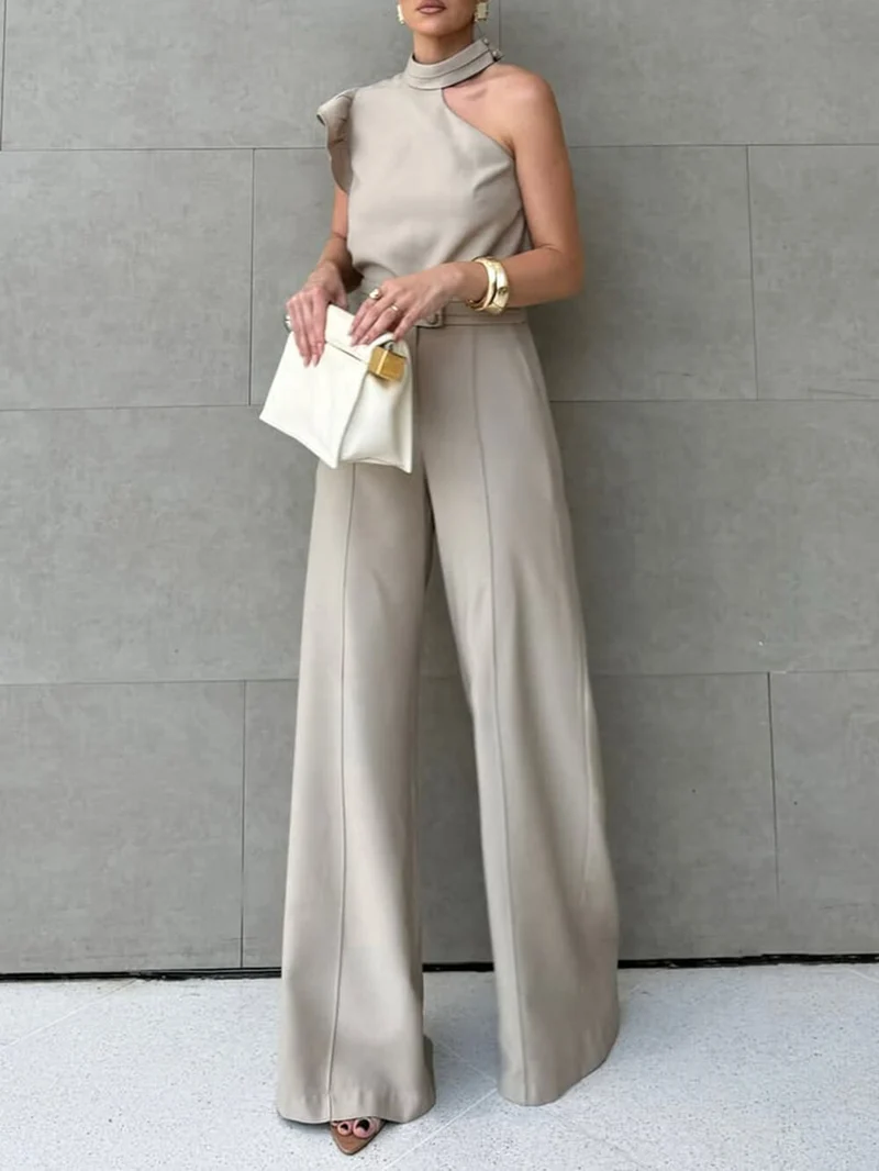 Casual Ruffle Sleeve Halter Top With Simple Solid Color Straight Pants Set
