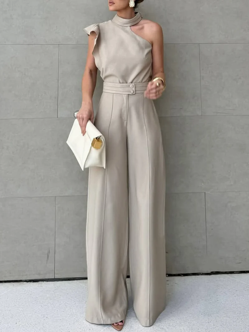 Casual Ruffle Sleeve Halter Top With Simple Solid Color Straight Pants Set