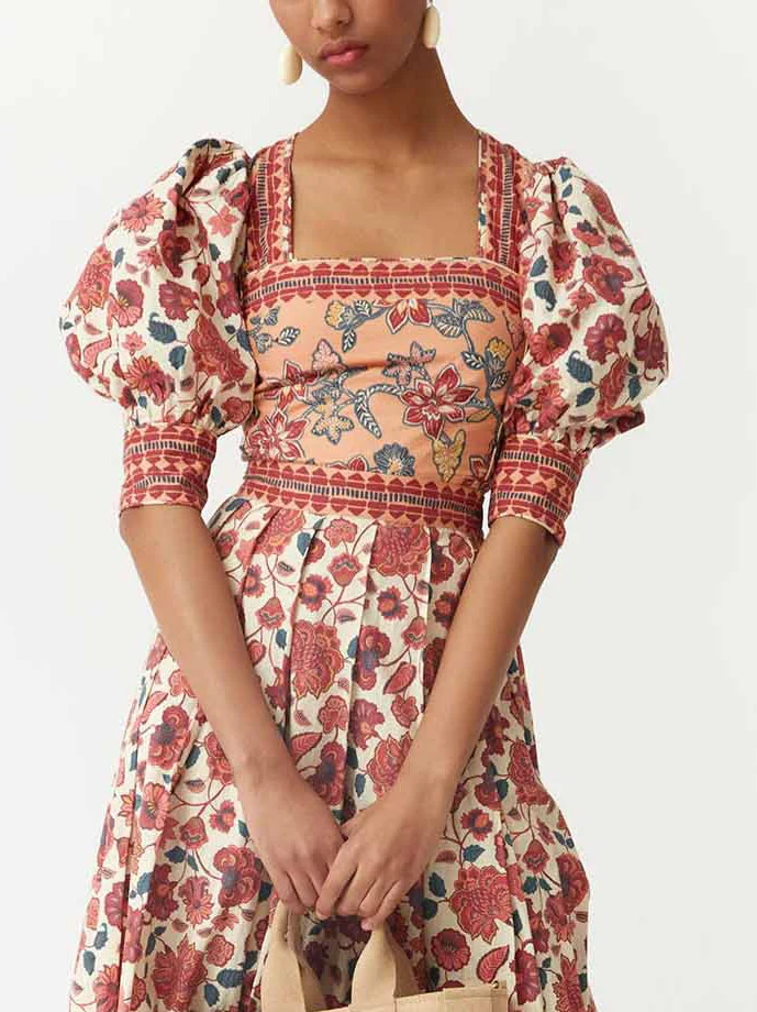 Retro Ethnic Floral Print Puff Sleeve Short Shirt