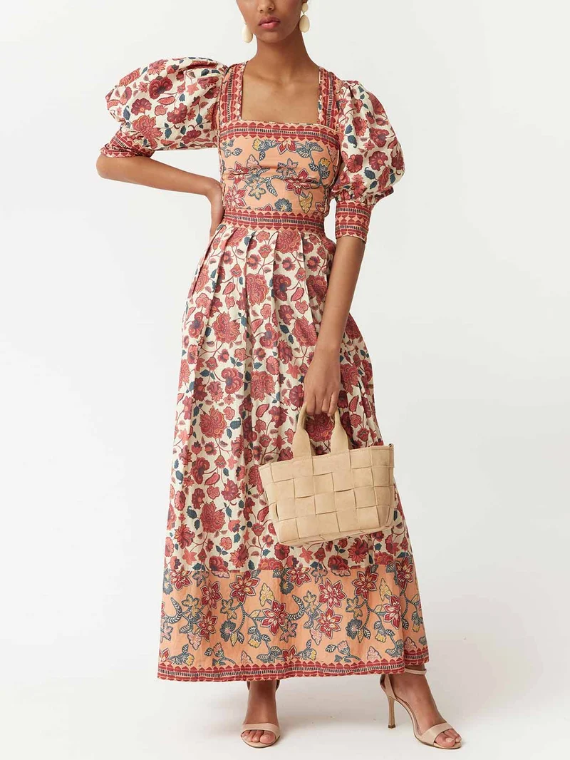 Retro Ethnic Floral Print Puff Sleeve Short Shirt