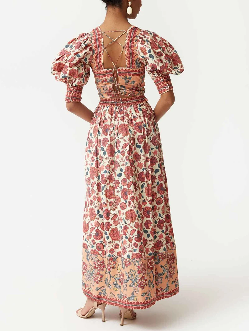 Retro Ethnic Floral Print Puff Sleeve Short Shirt