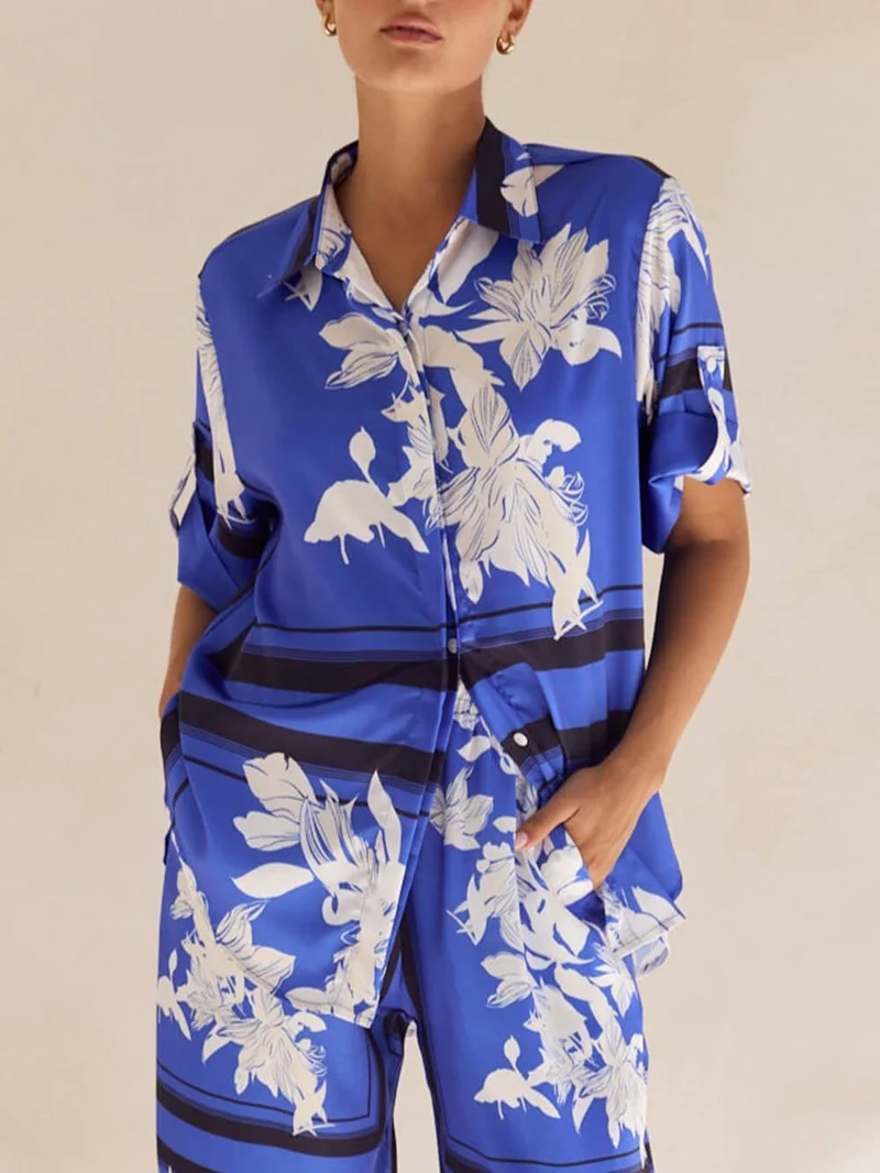 Casual Unique Satin Floral Print Elastic Waistband Drawstring Pocket Wide Leg Pants