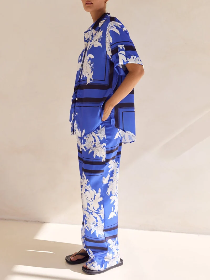 Casual Unique Satin Floral Print Loose Button Oversized Shirt