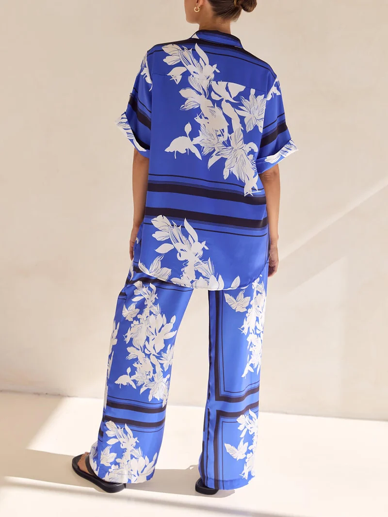 Casual Unique Satin Floral Print Loose Button Oversized Shirt