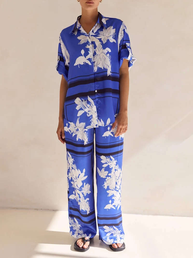 Casual Unique Satin Floral Print Loose Button Oversized Shirt
