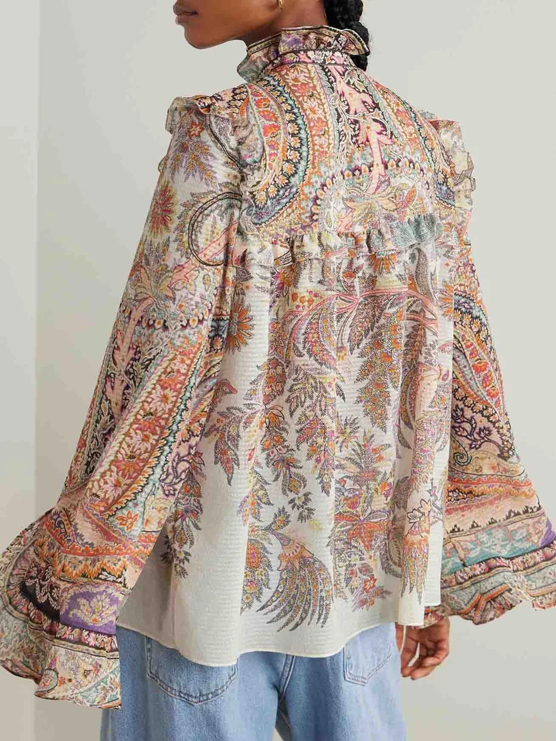 Exquisite Vintage Paisley Print Ruffled Shirt