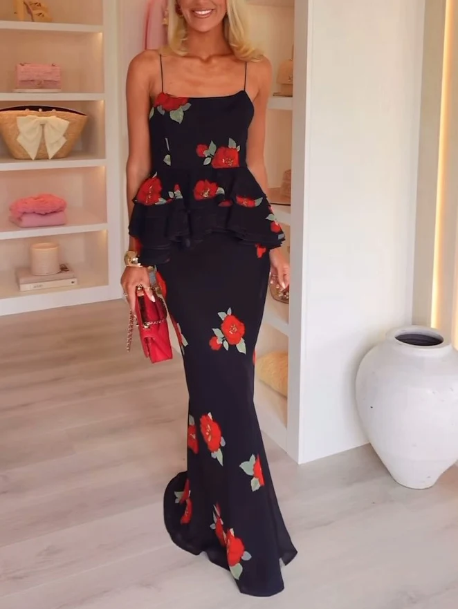 Romantic Halter Neck Floral Ruffled Tank Top
