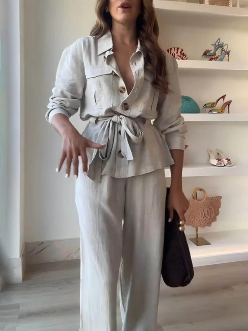 Classic Linen Elastic Waist Pocket Loose Wide Leg Pants
