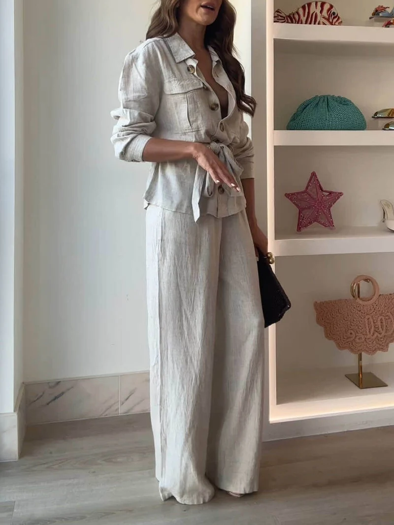 Classic Linen Elastic Waist Pocket Loose Wide Leg Pants