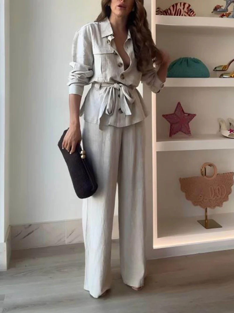 Classic Linen Elastic Waist Pocket Loose Wide Leg Pants