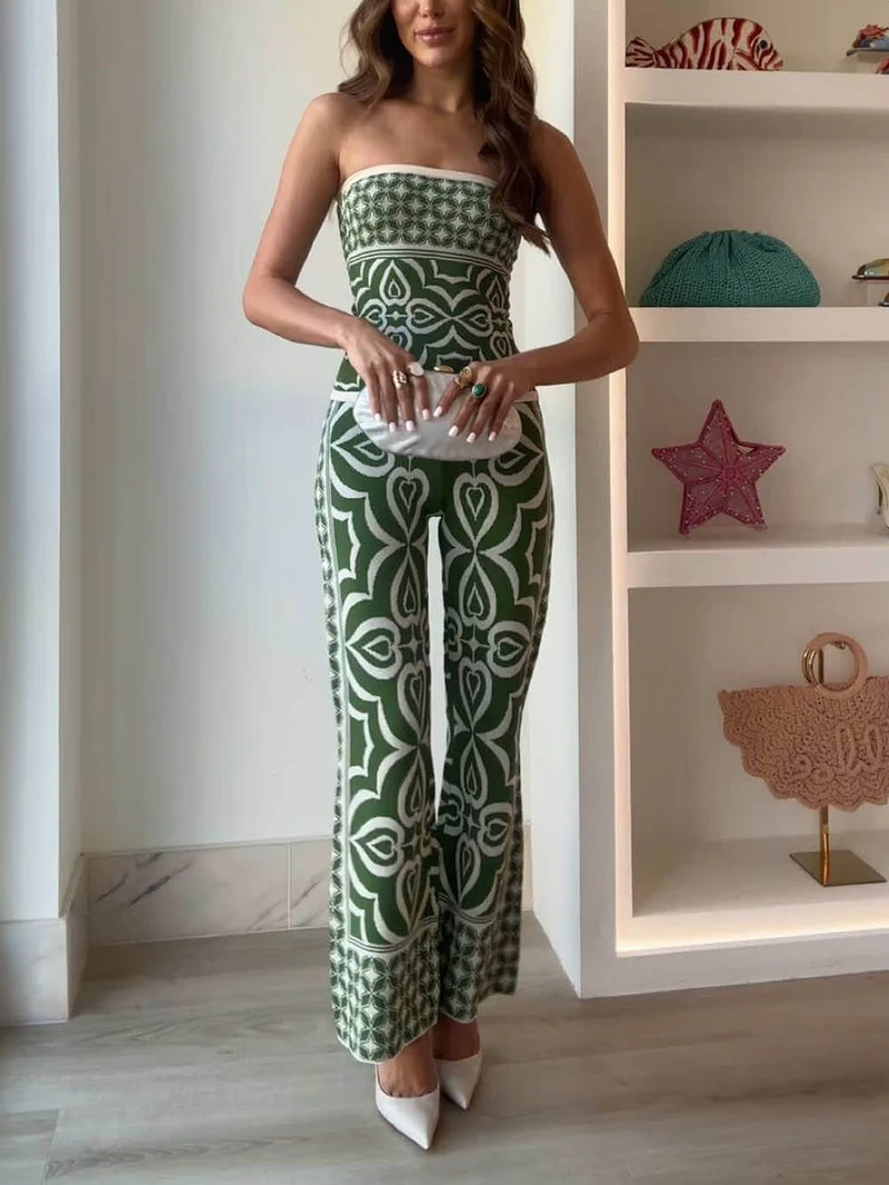 Spring-Inspired Tile Print Slim-Fit Stretch Knit Jacquard Pants