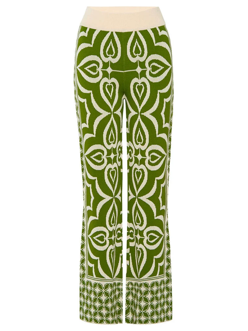 Spring-Inspired Tile Print Slim-Fit Stretch Knit Jacquard Pants