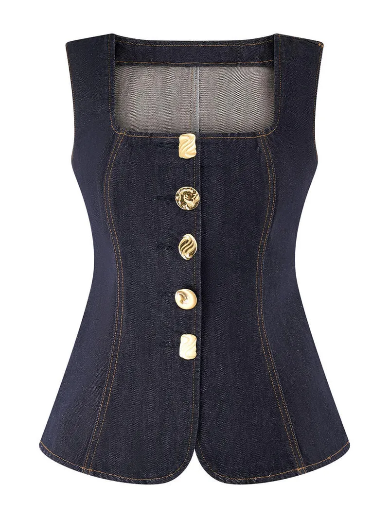 Modern Playful Unique Sleeveless Button-Down Denim Vest Top