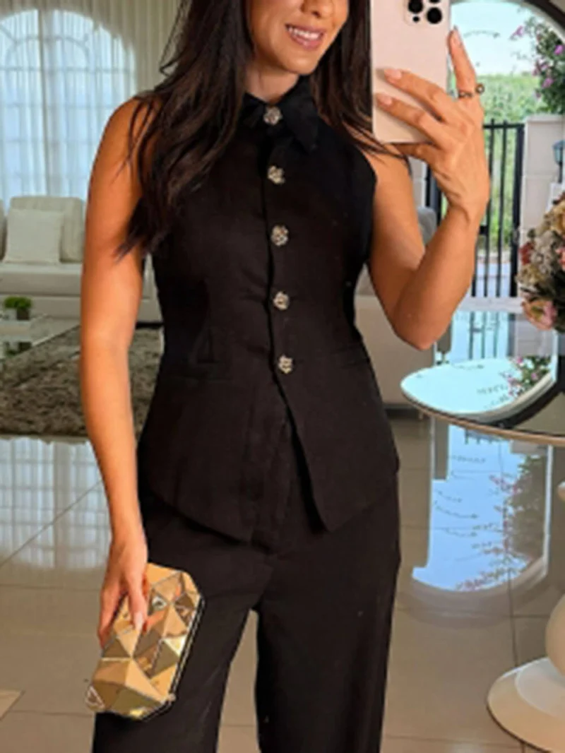 Perfect Charm Elegant Solid Pocket Wide-Leg Pants