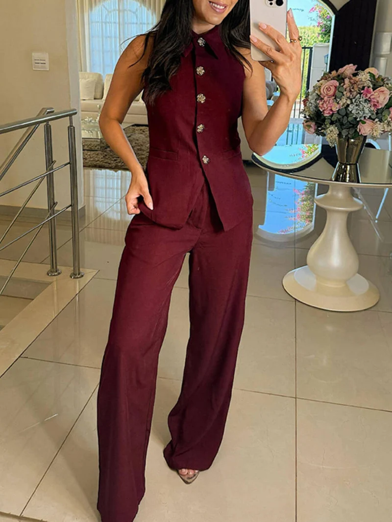 Perfect Charm Elegant Solid Pocket Wide-Leg Pants