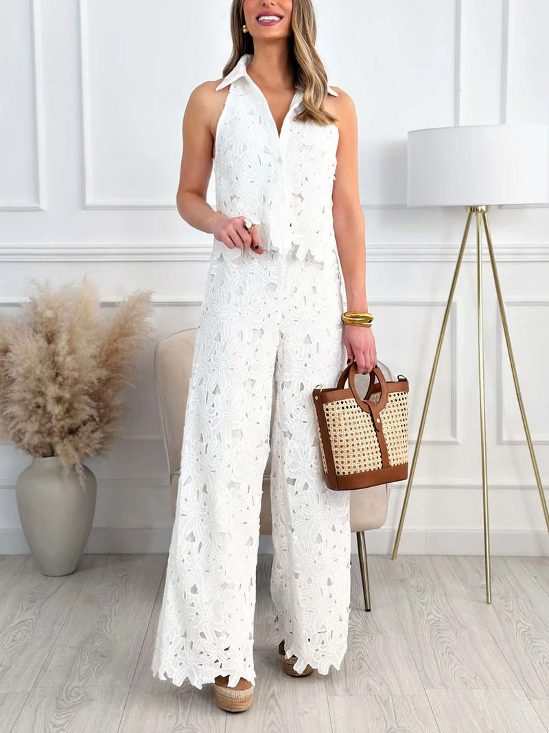 Exquisite Floral Lace Hollow Shirt Collar Tank Top