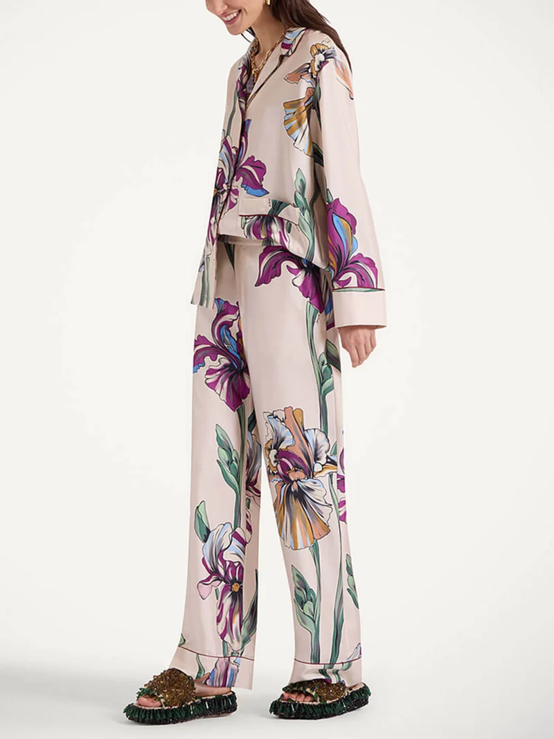 Casual Time Unique Floral Print Loose Pocket Elastic Waist Straight Pants
