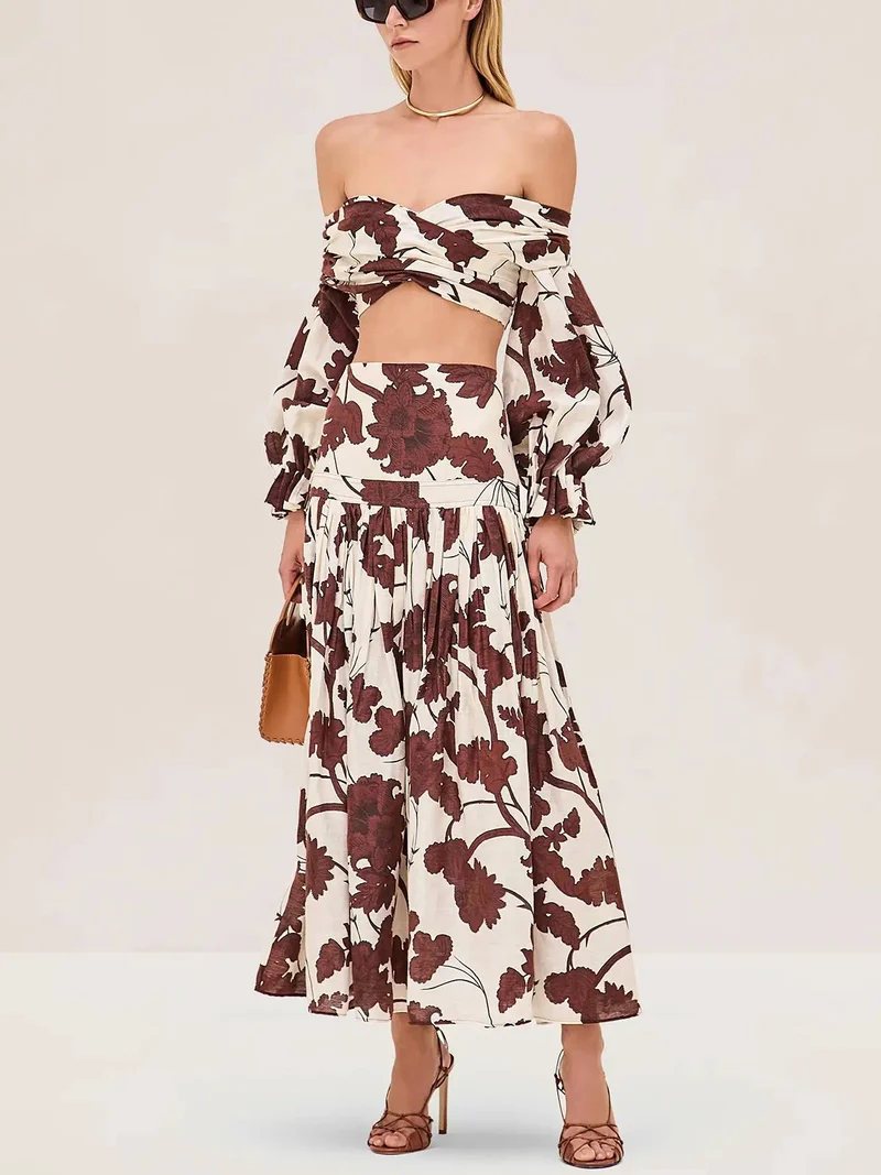 Printed Off-shoulder Top And Skirt Suit