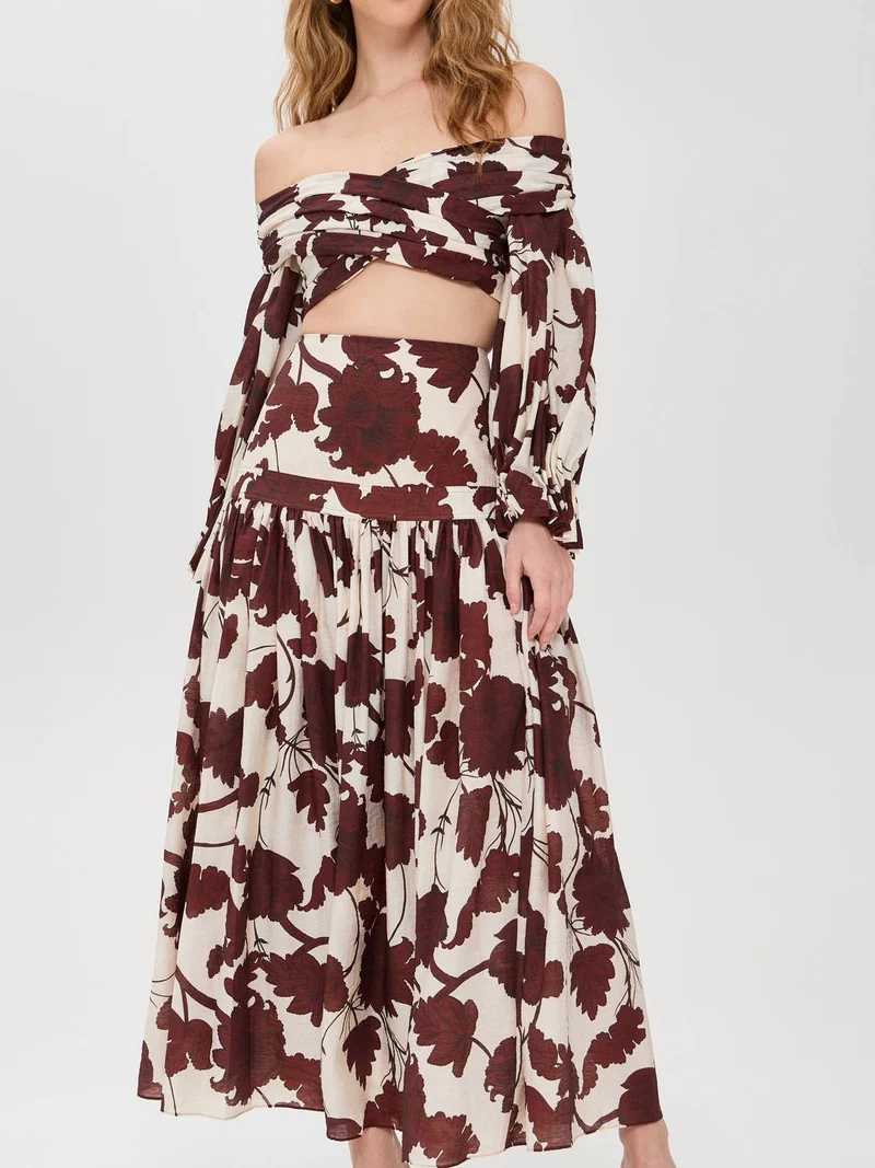 Printed Off-shoulder Top And Skirt Suit