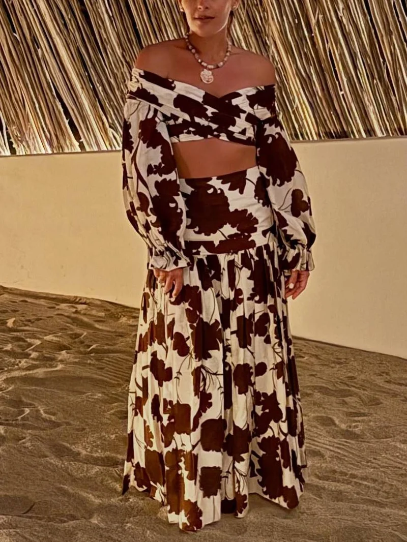 Printed Off-shoulder Top And Skirt Suit