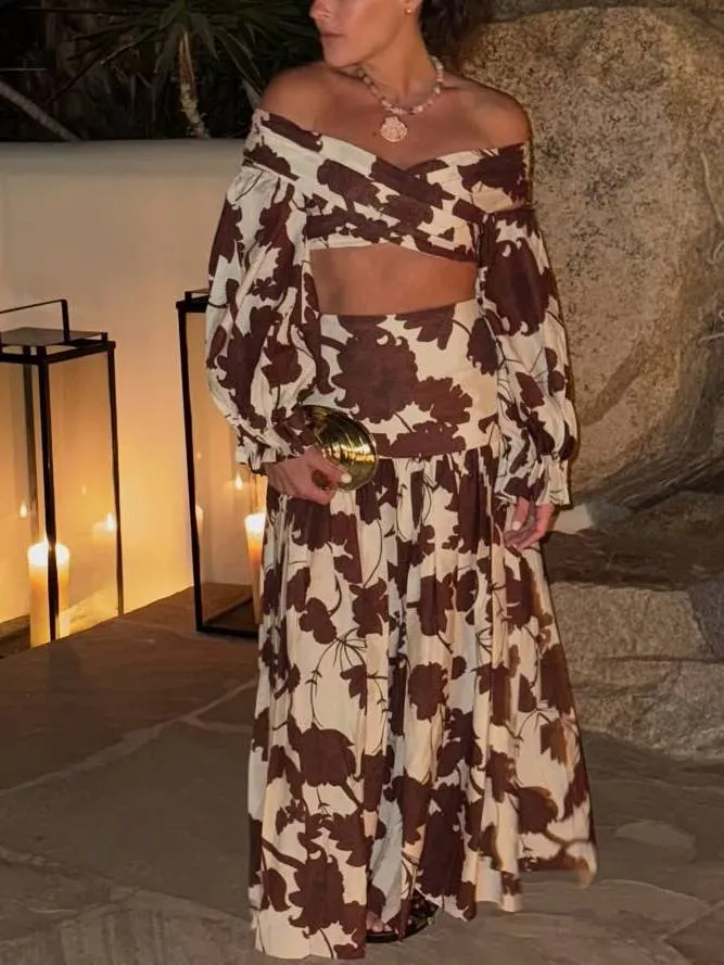 Printed Off-shoulder Top And Skirt Suit